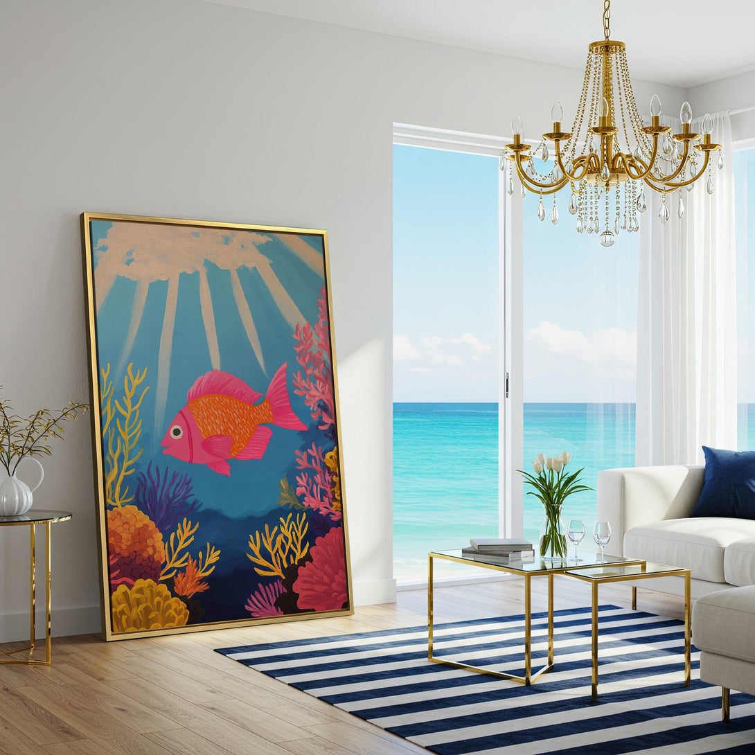 Canvas Print featuring a vibrant, cartoon-style fish in a coral reef scene. Bright pink, orange, and blue color palette. Perfect for adding a pop of color!