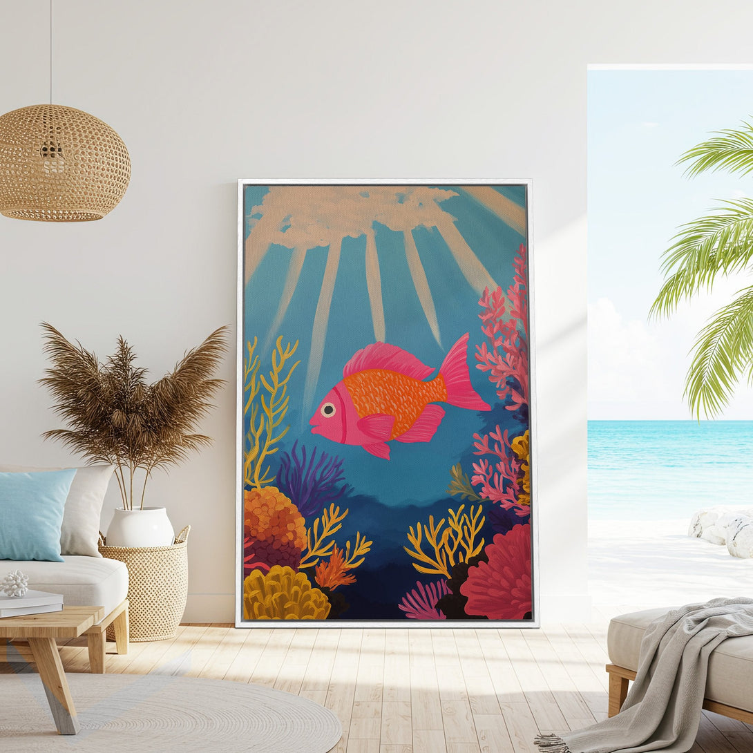 Framed Wall Art: Whimsical fish painting in vibrant pinks, oranges, and blues. Perfect coastal decor for a bright and cheerful living space.