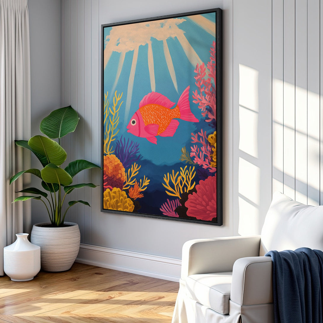 Framed Wall Art: Vibrant fish art in a colorful underwater scene. Perfect for adding a pop of color and coastal style to your home decor. Shop now!