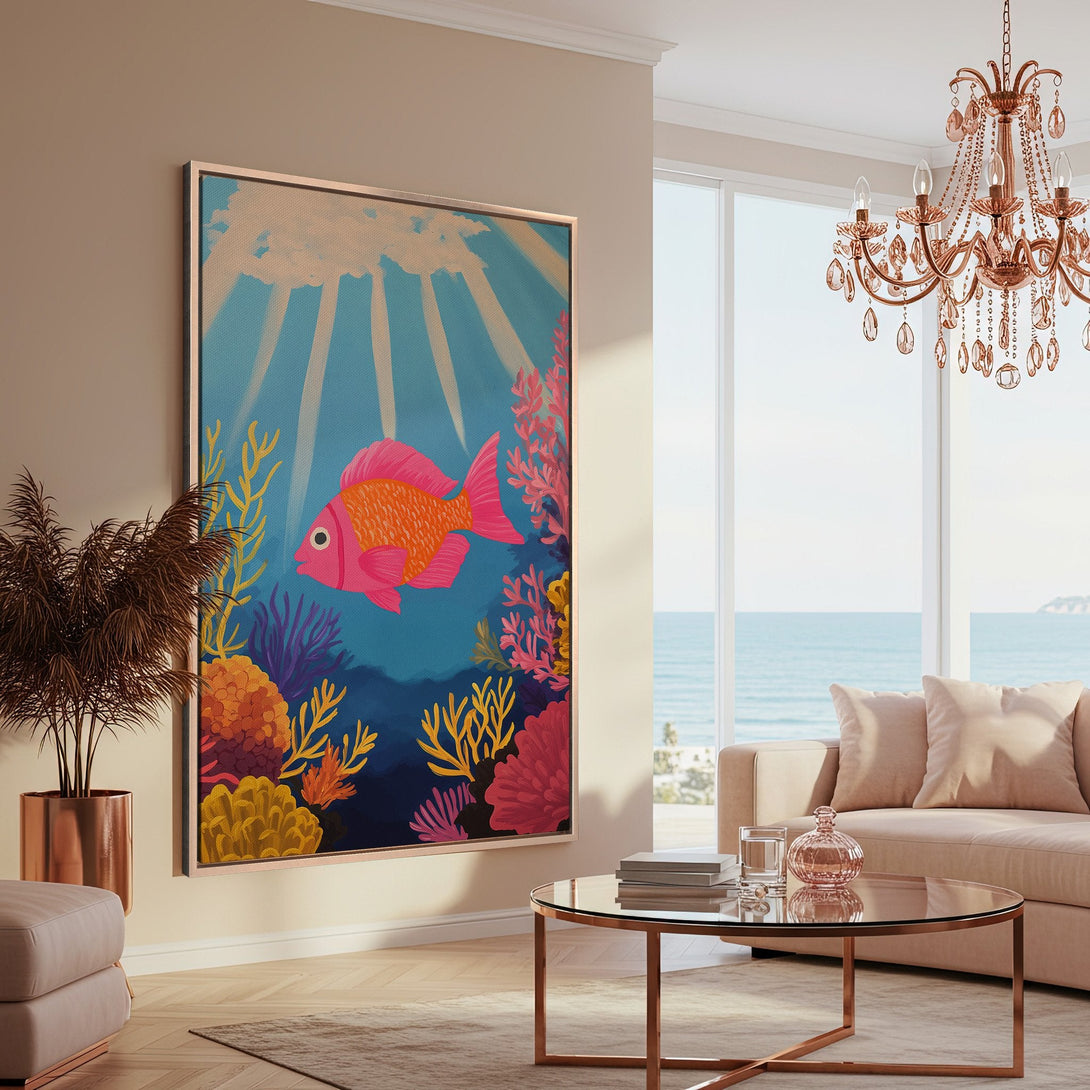 Framed Wall Art: Colorful fish painting in a vibrant underwater scene. Adds a pop of color to any room. Coastal style with a blue, pink, and orange palette.