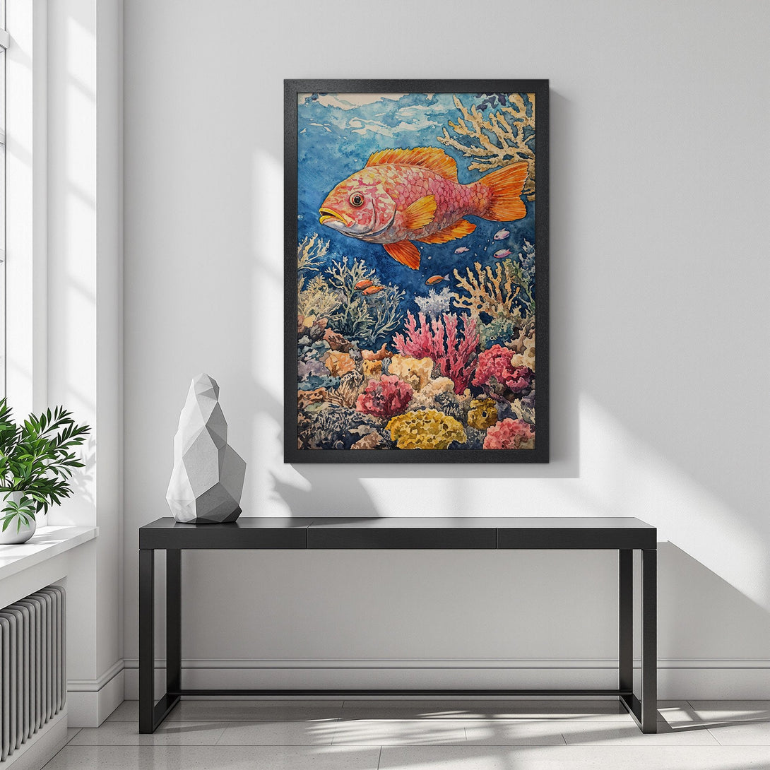 Framed Poster featuring a vibrant watercolor painting of a fish and coral reef. Stunning blue, orange, and pink color palette. Perfect wall art!