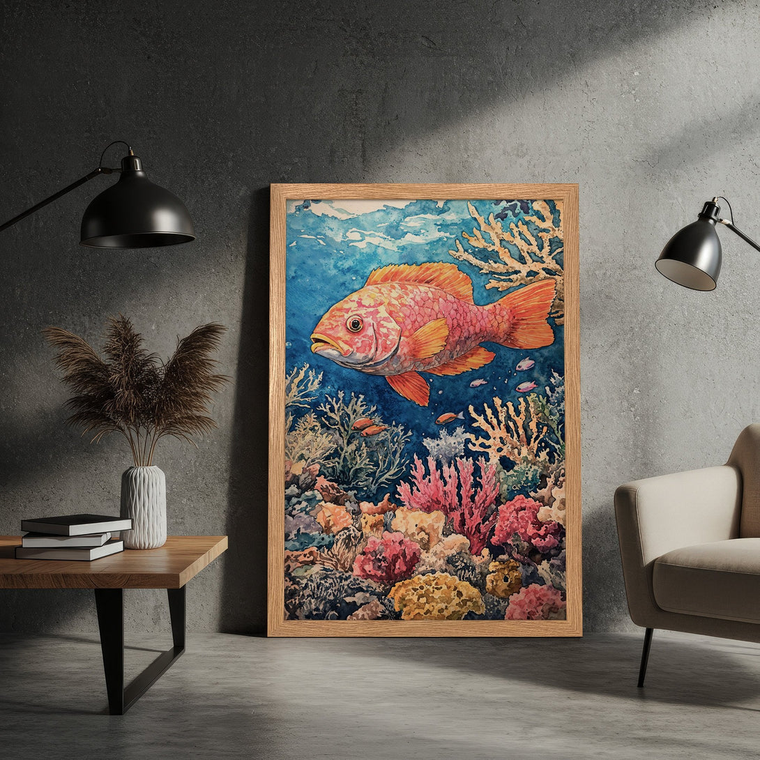 Framed Poster of a vibrant watercolor fish and coral reef. Stunning blue, pink, and orange color palette. Perfect ocean art for your home!