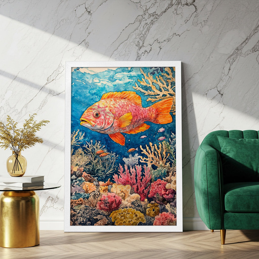 Framed Poster featuring a vibrant watercolor fish and coral reef scene. Stunning blues, pinks, and oranges. Perfect art for your home!