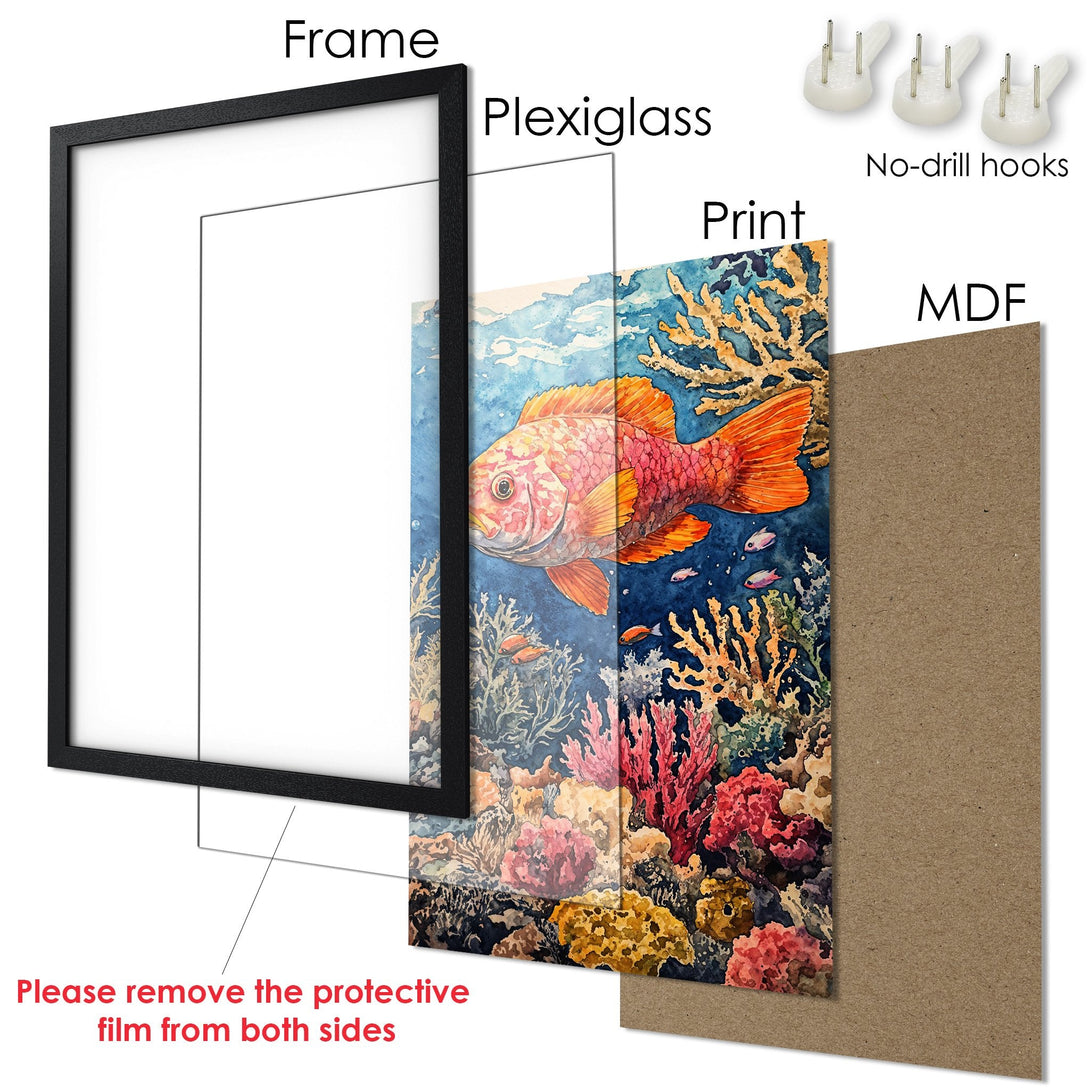 Framed Poster featuring a vibrant watercolor fish and coral reef. Beautiful blue, orange, and red color palette. Perfect wall art!