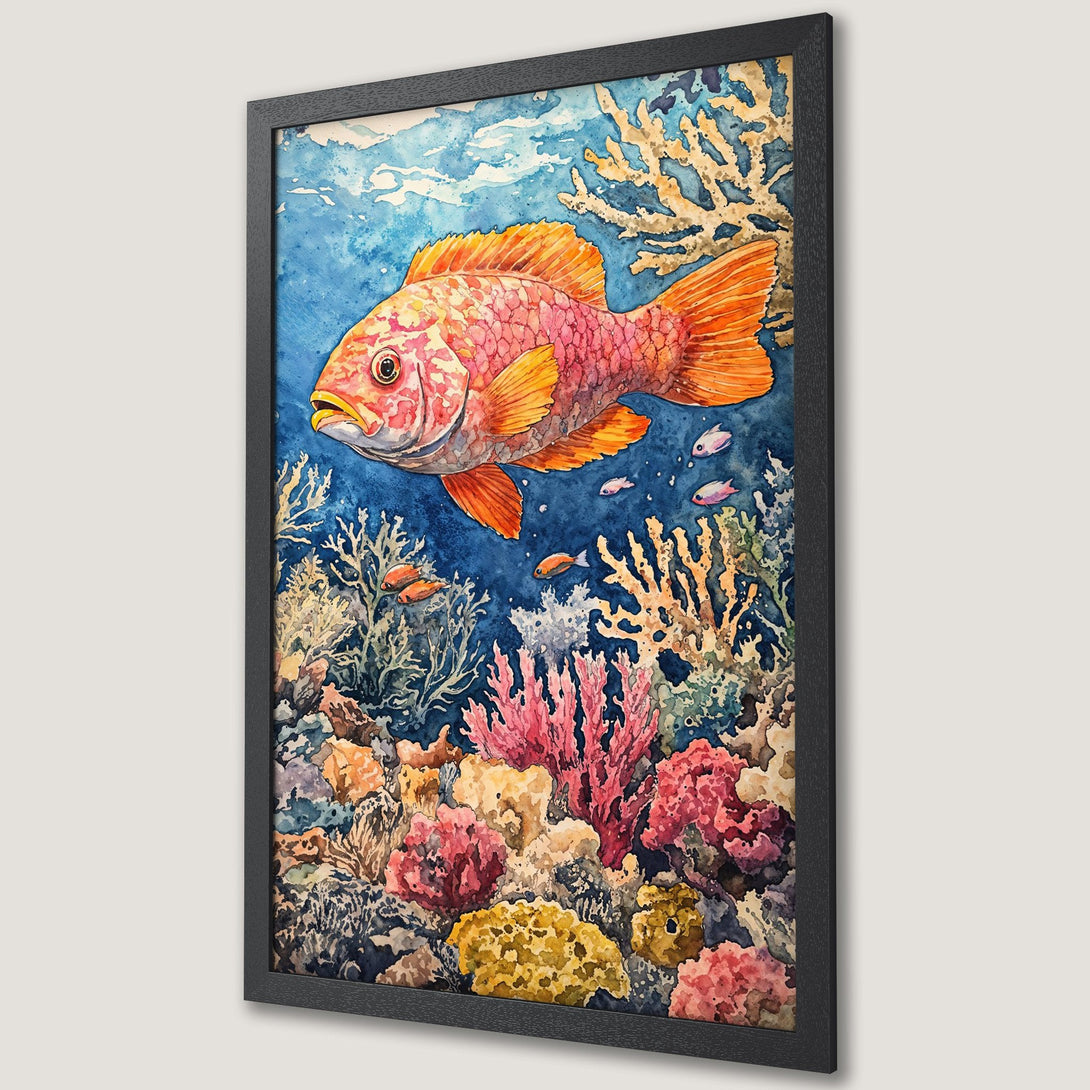 Framed Poster featuring a watercolor-style fish and coral reef. Vibrant orange, pink, and blue color palette. Perfect for ocean decor.