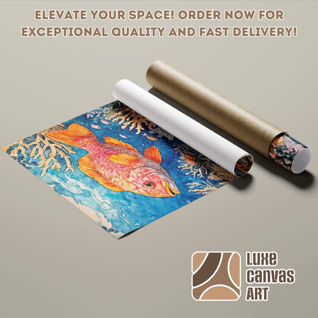 Watercolor fish Poster Roll, vibrant blue, orange, and coral palette, ready to elevate your space.
