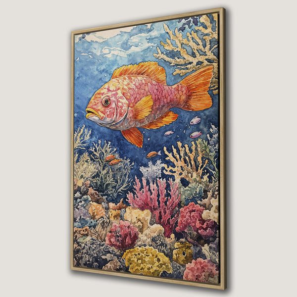 Framed Wall Art: Watercolor fish painting in vibrant coral reef scene. Stunning blue, orange, and pink color palette. Perfect coastal decor for your home.