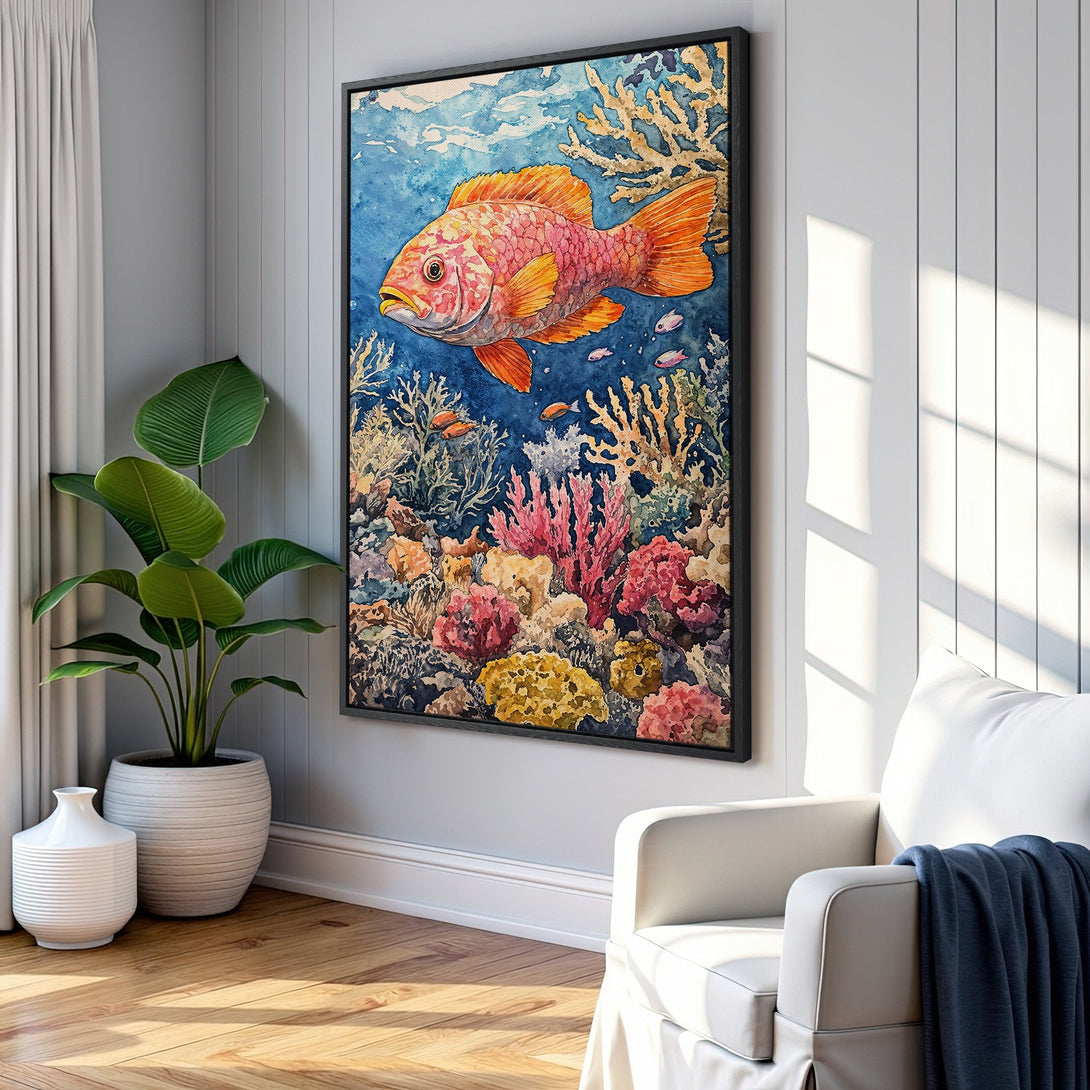 Framed Wall Art: Watercolor fish print in a coastal interior. Vibrant coral reef scene with orange, pink, and blue hues. Perfect for adding a splash of color!