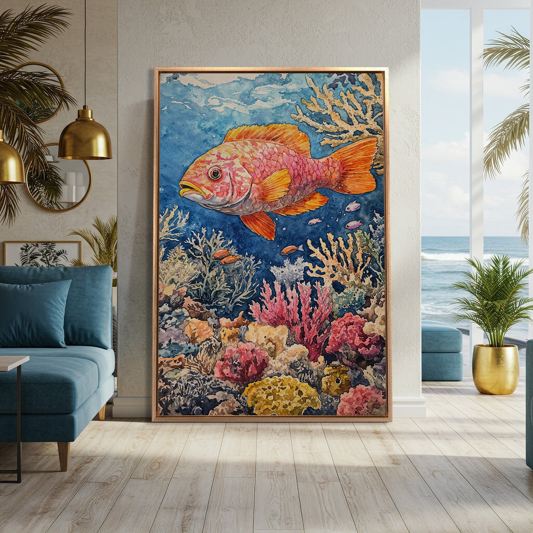 Framed Wall Art: Watercolor fish print in a coastal interior. Vibrant blue, coral, and orange hues bring the ocean to your home. Elevate your decor with this stunning piece!