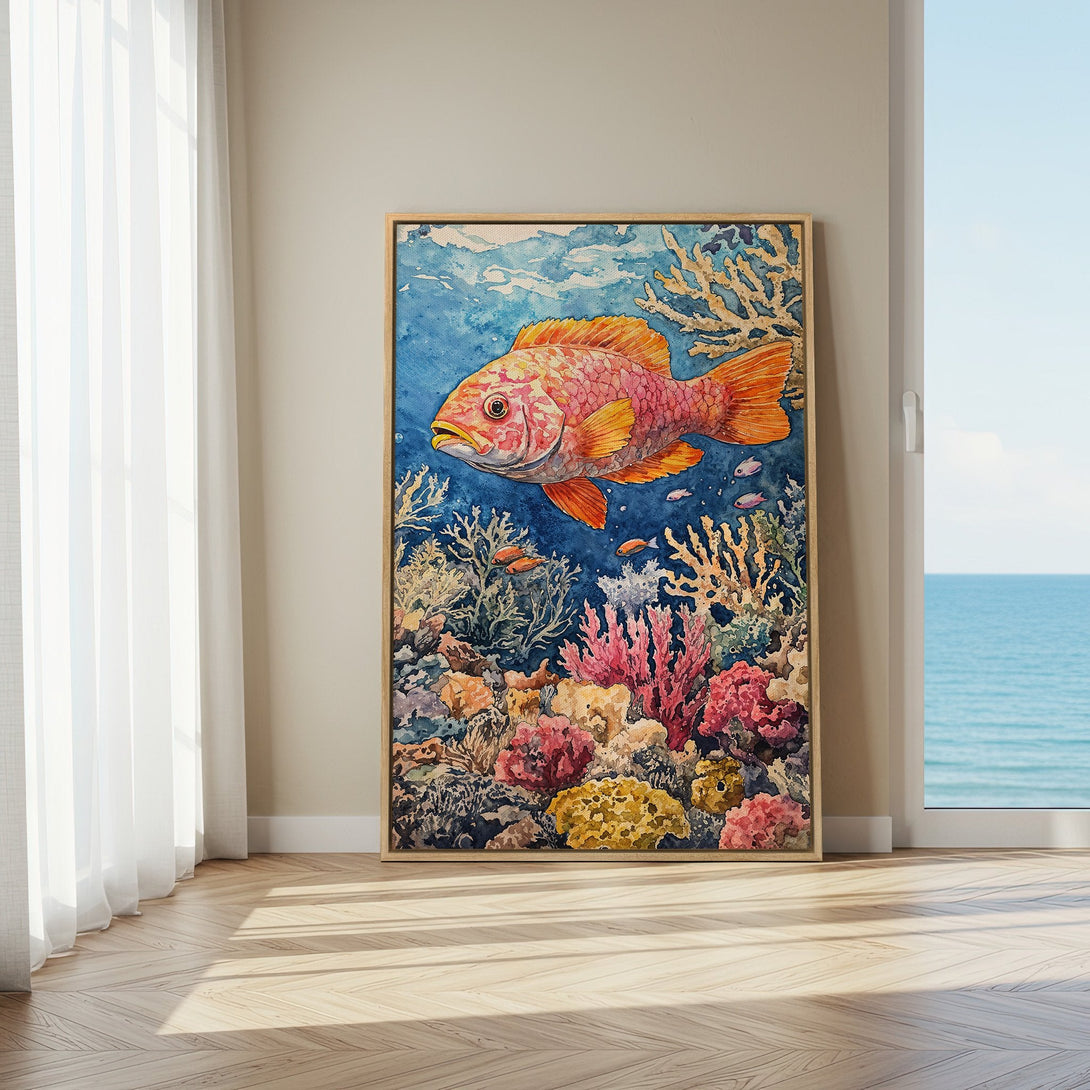 Framed Wall Art featuring a vibrant watercolor fish and coral reef scene. Beautiful blue, pink, and orange color palette, perfect for coastal decor.