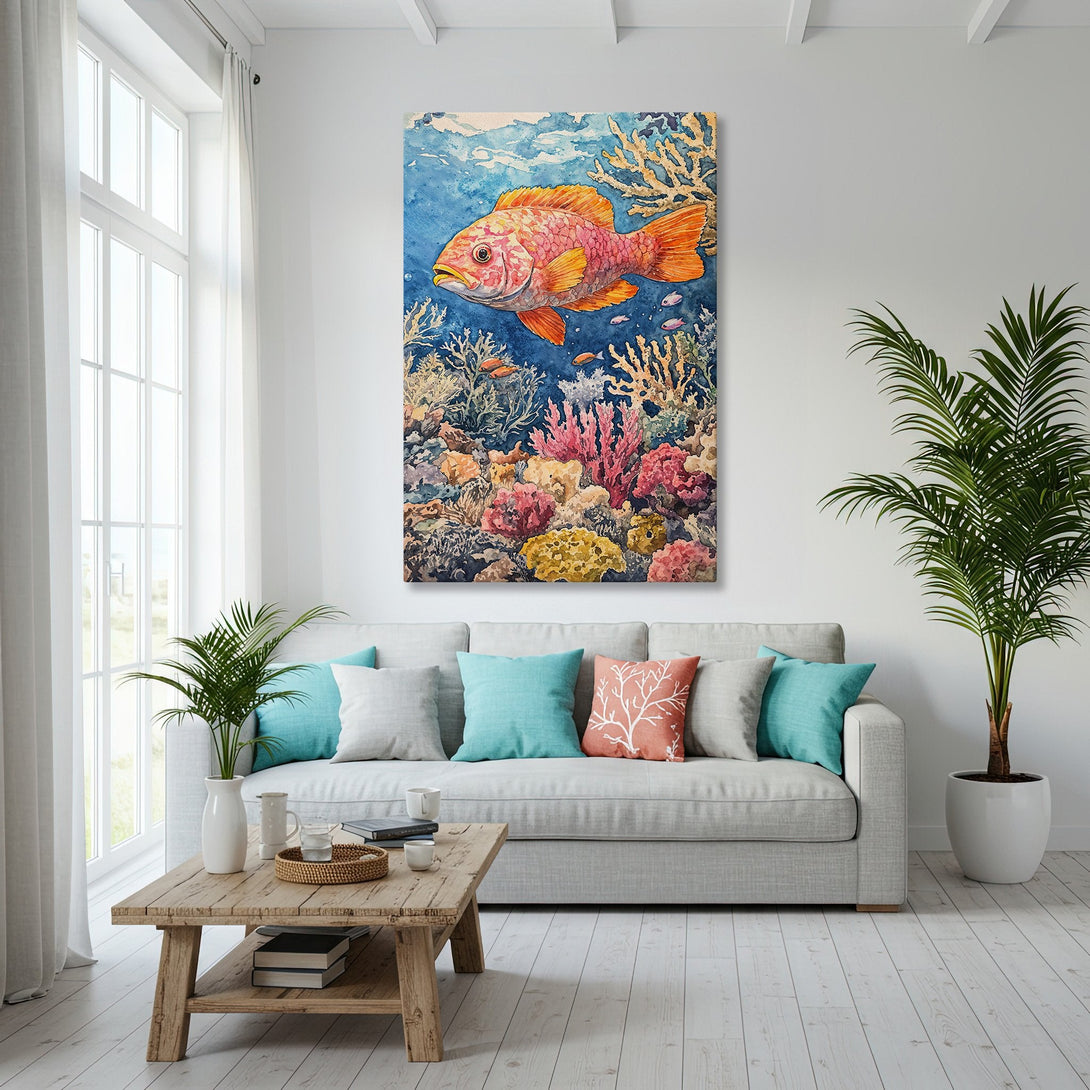 Framed Wall Art: Watercolor fish painting in a coastal interior. Features a vibrant coral reef scene with blues, pinks, and orange hues. Perfect for beach decor.