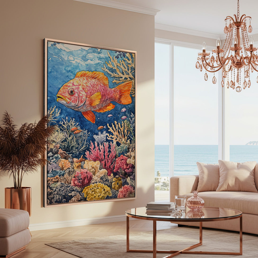 Framed Wall Art featuring a vibrant watercolor fish and coral reef scene. Adds coastal charm with a blue, pink, and yellow color palette. Perfect for home decor!