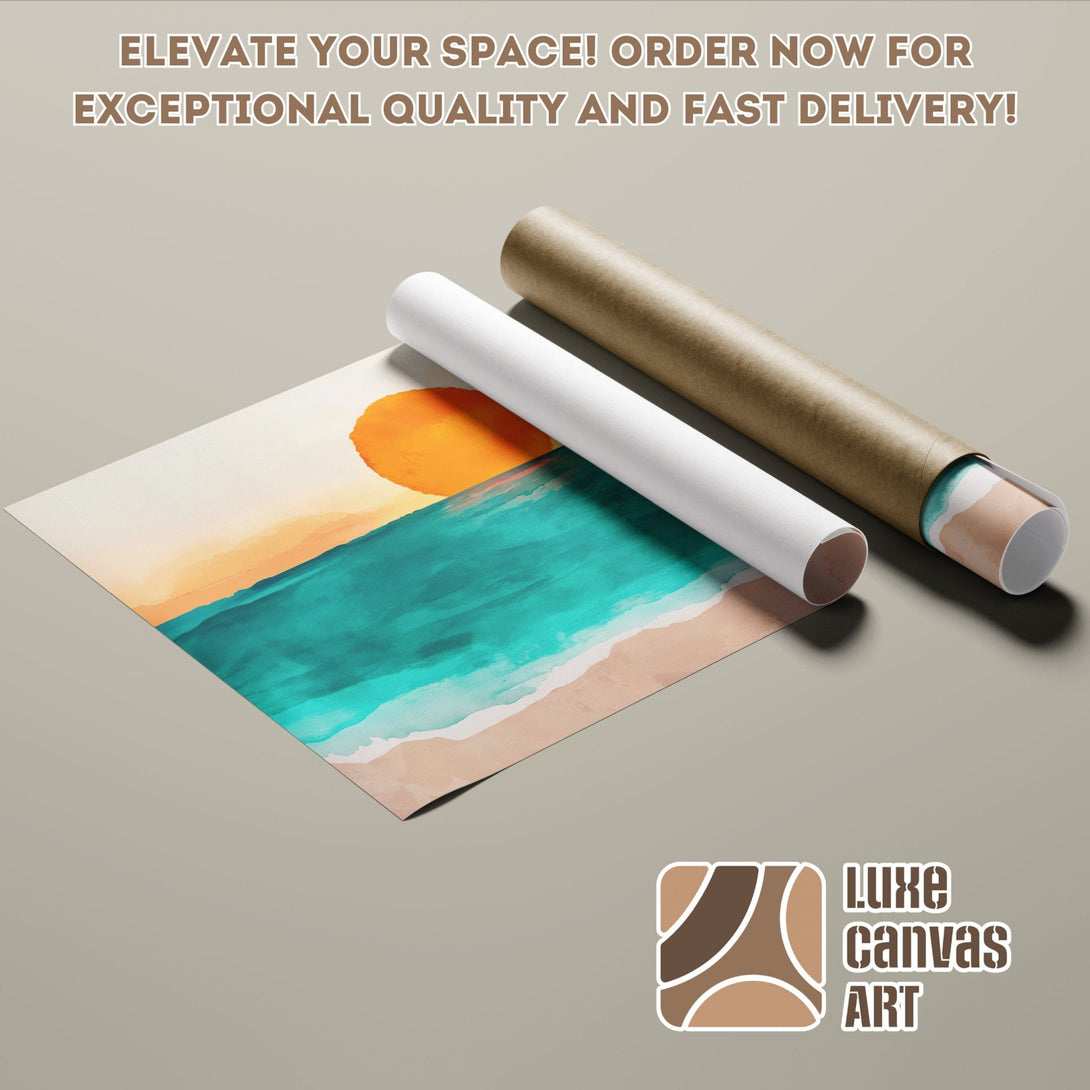 Abstract beach poster roll art, vibrant teal, orange, and beige color palette. Elevate your space today!