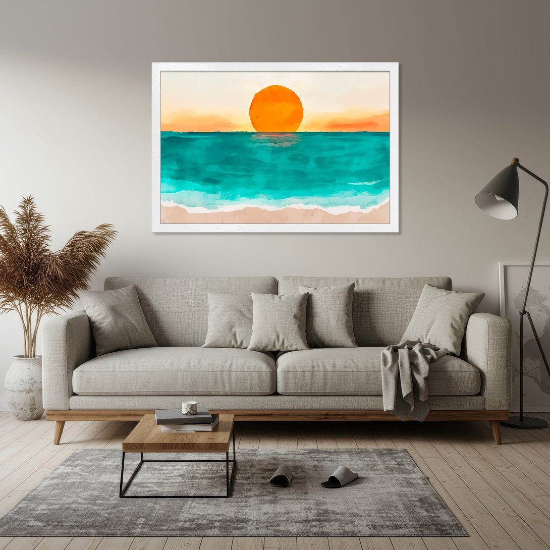 Framed Poster featuring a watercolor sunset over the ocean. Coastal style, vibrant orange, teal, and beige color palette. Add coastal vibes to your space!