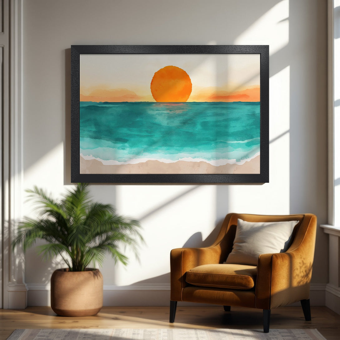 Framed Poster featuring a watercolor sunset over the ocean. Coastal art with teal, orange, and beige tones, perfect for your home decor.