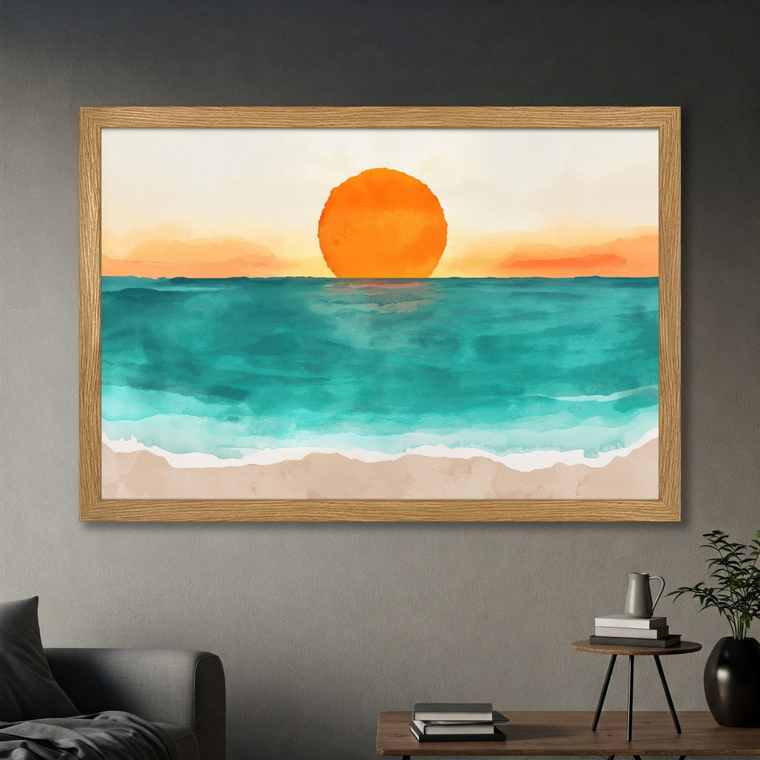 Framed Poster of a watercolor sunset over the ocean. Features vibrant teal, orange, and beige hues. Perfect coastal wall art.