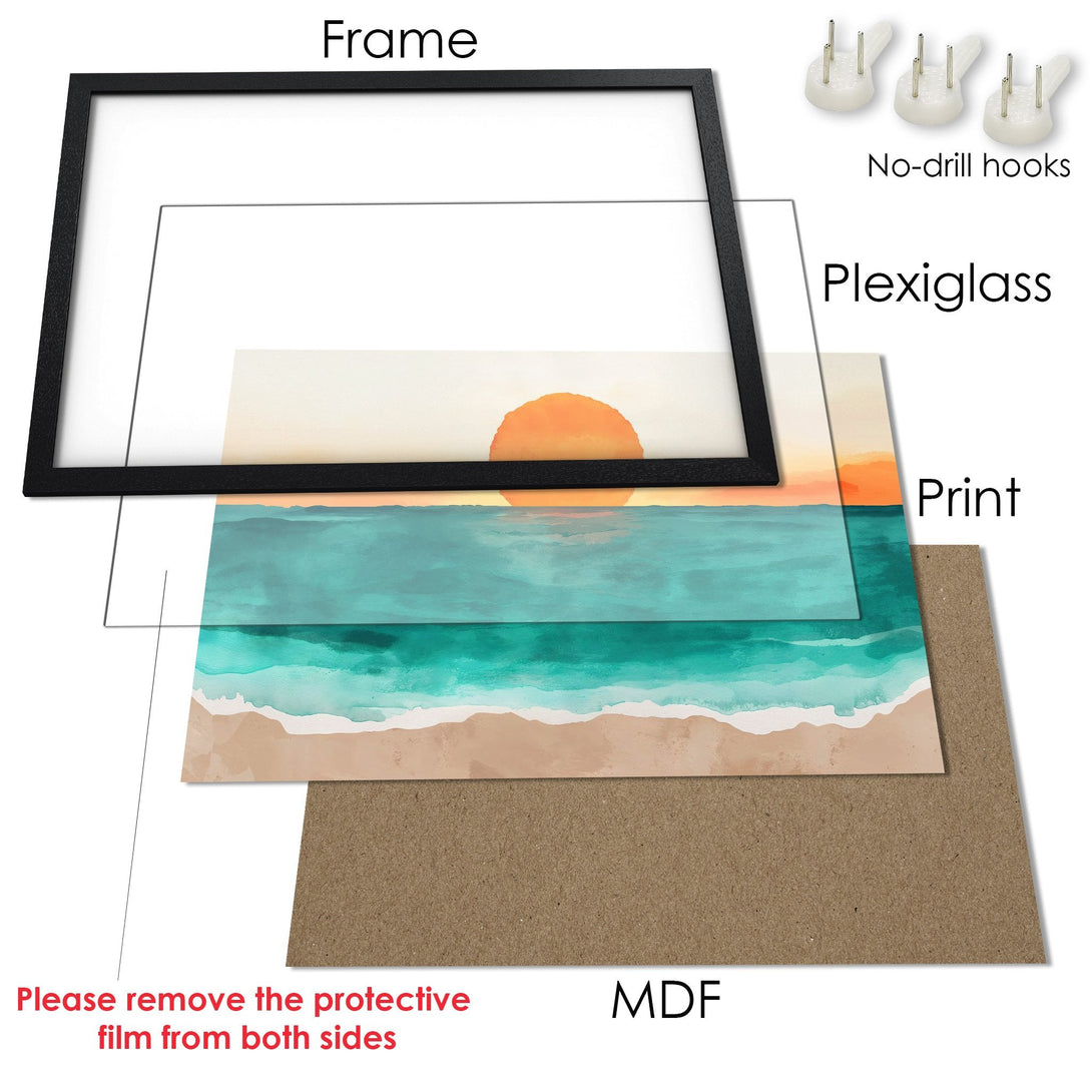 Framed Poster featuring a watercolor sunset over the ocean. Soft, artistic style with a calming teal and orange color palette. Perfect wall art.