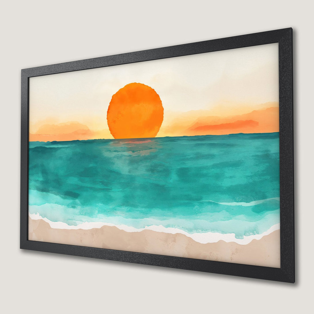 Framed Poster of a watercolor sunset over the ocean. Featuring orange, teal, and beige hues. Perfect wall art for your home!