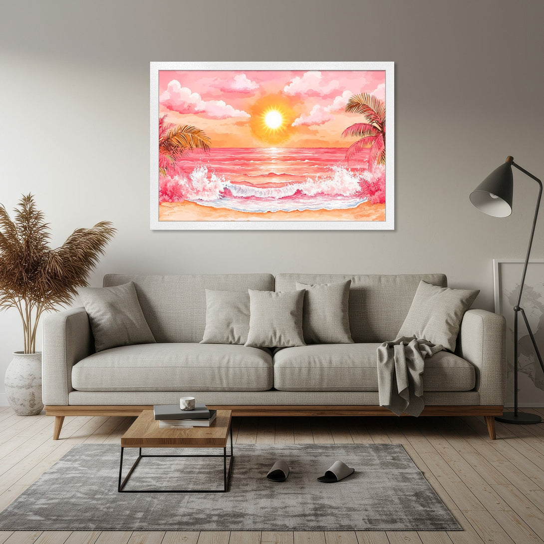 Framed Poster featuring a watercolor beach scene with a pink and orange sunset. Tropical style art for a relaxing vibe.
