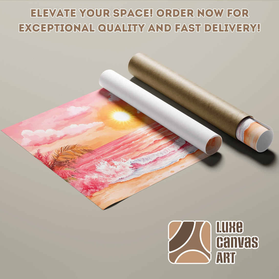 Beach scene Poster Roll art, vibrant pink and orange palette, perfect for home decor.