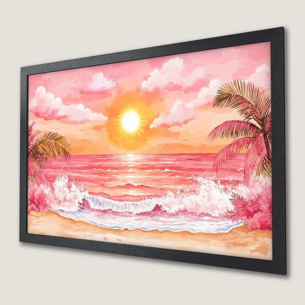 Framed Poster: Watercolor sunset beach art with pink and orange hues. Tropical vibes, perfect wall decor.