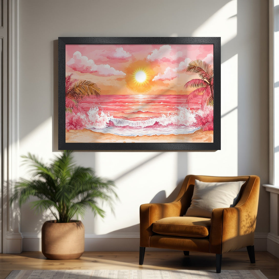 Framed Poster of a watercolor beach scene with pink and orange hues. Coastal art perfect for your home decor.