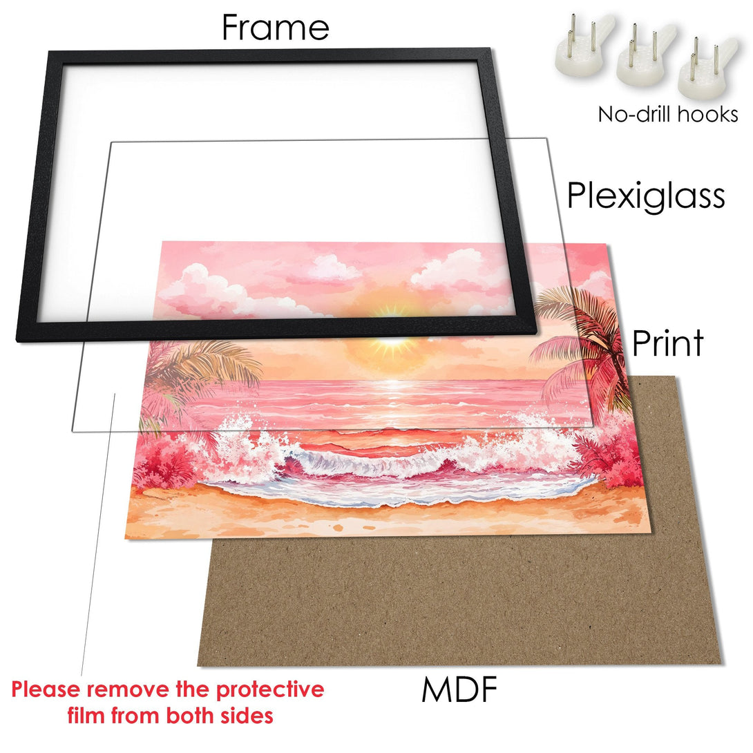 Framed Poster of a beach scene in a watercolor style with a pink and orange sunset. Perfect wall art!