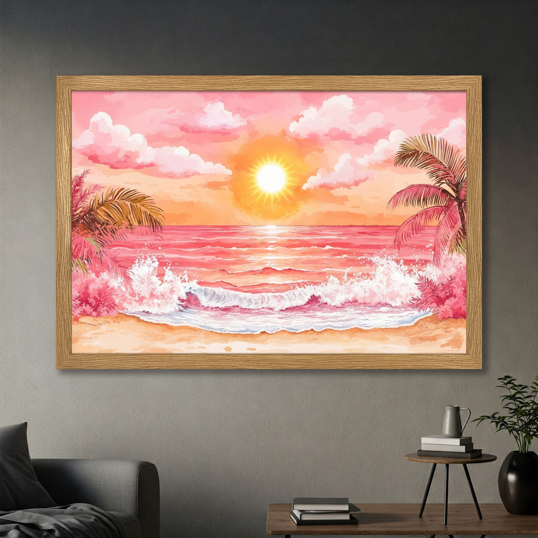 Framed Poster of a watercolor beach scene with pink and orange hues, perfect for coastal decor.