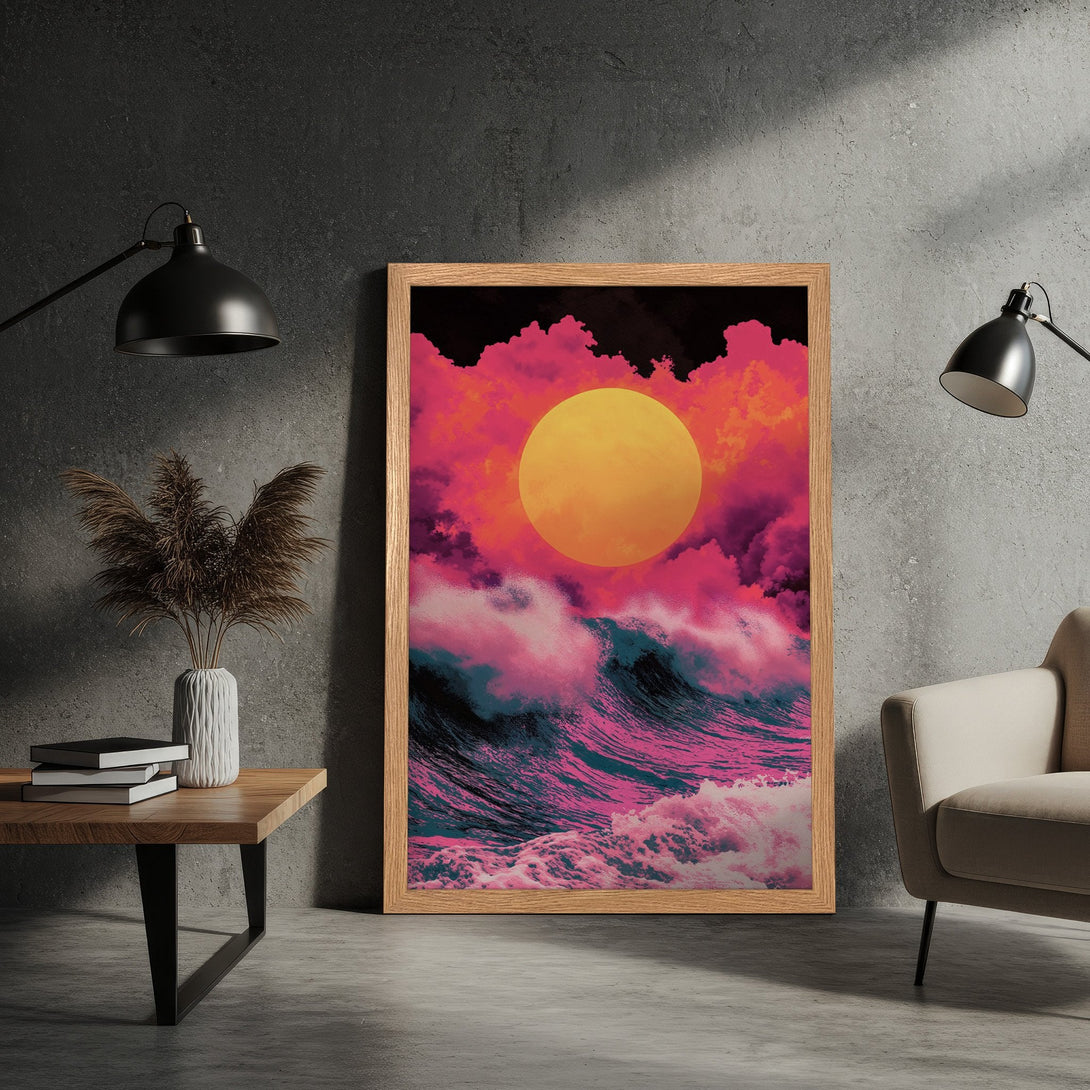 Framed Poster: Sunset over ocean waves art print. Vibrant pink, orange, and teal color palette. Modern wall decor for your home.