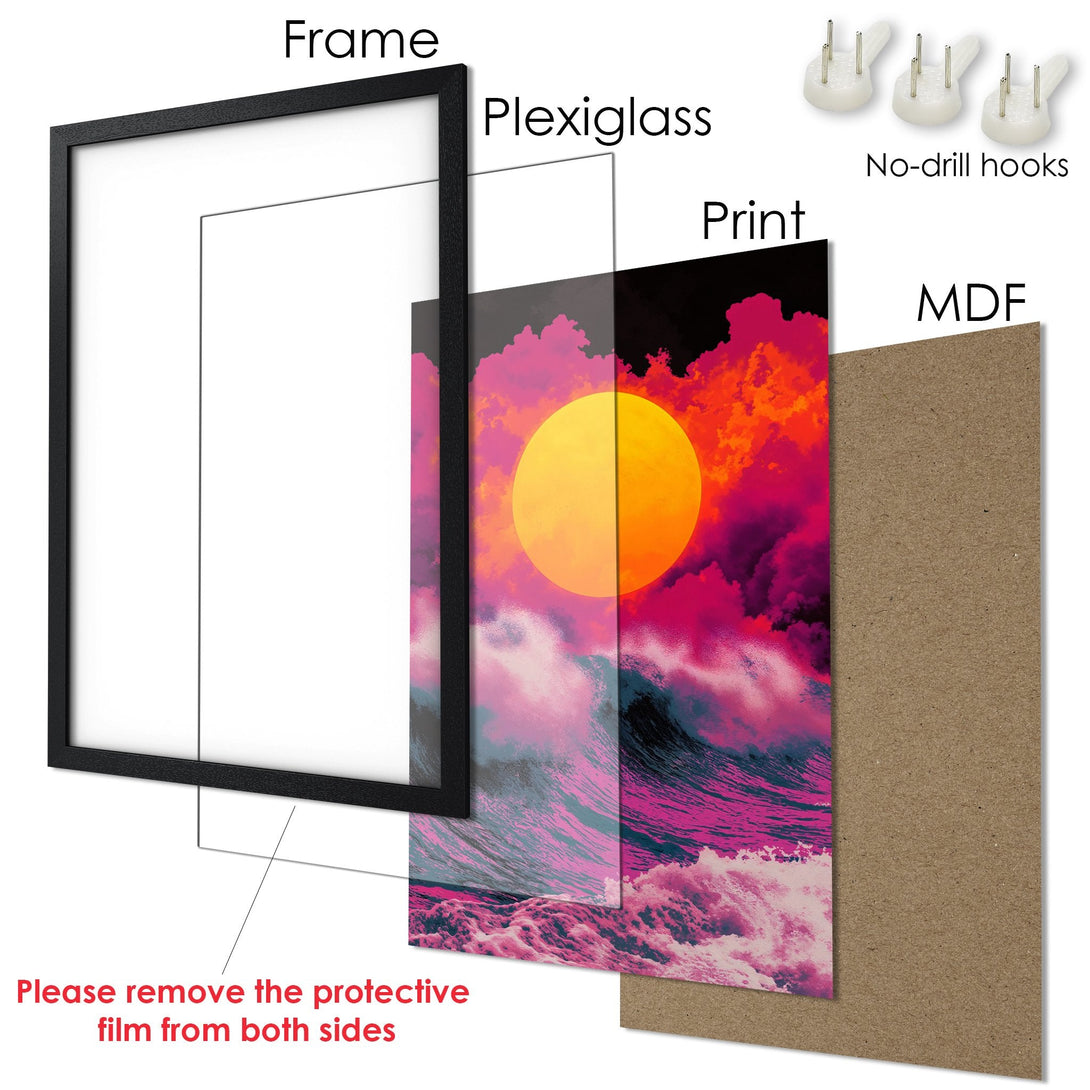 Framed Poster featuring a vibrant sunset over ocean waves. Bold, colorful artwork in pink, orange, and blue hues. Perfect wall art!