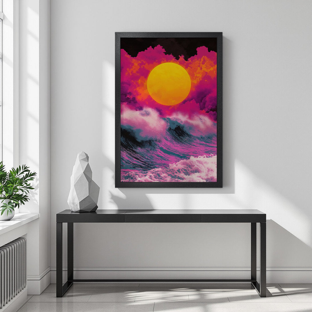 Framed Poster featuring a vibrant sunset over ocean waves, in a surreal style with pink, orange, and blue hues.