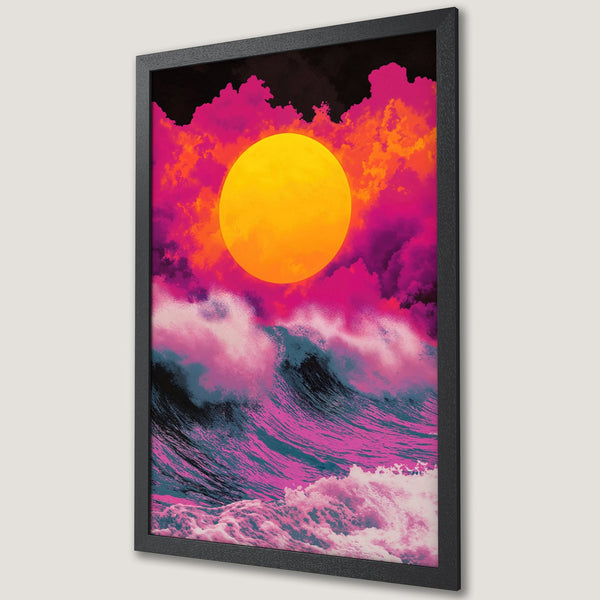 Framed Poster: Abstract sunset over ocean waves. Vibrant pink, orange, and teal color palette. Modern art print for home decor.