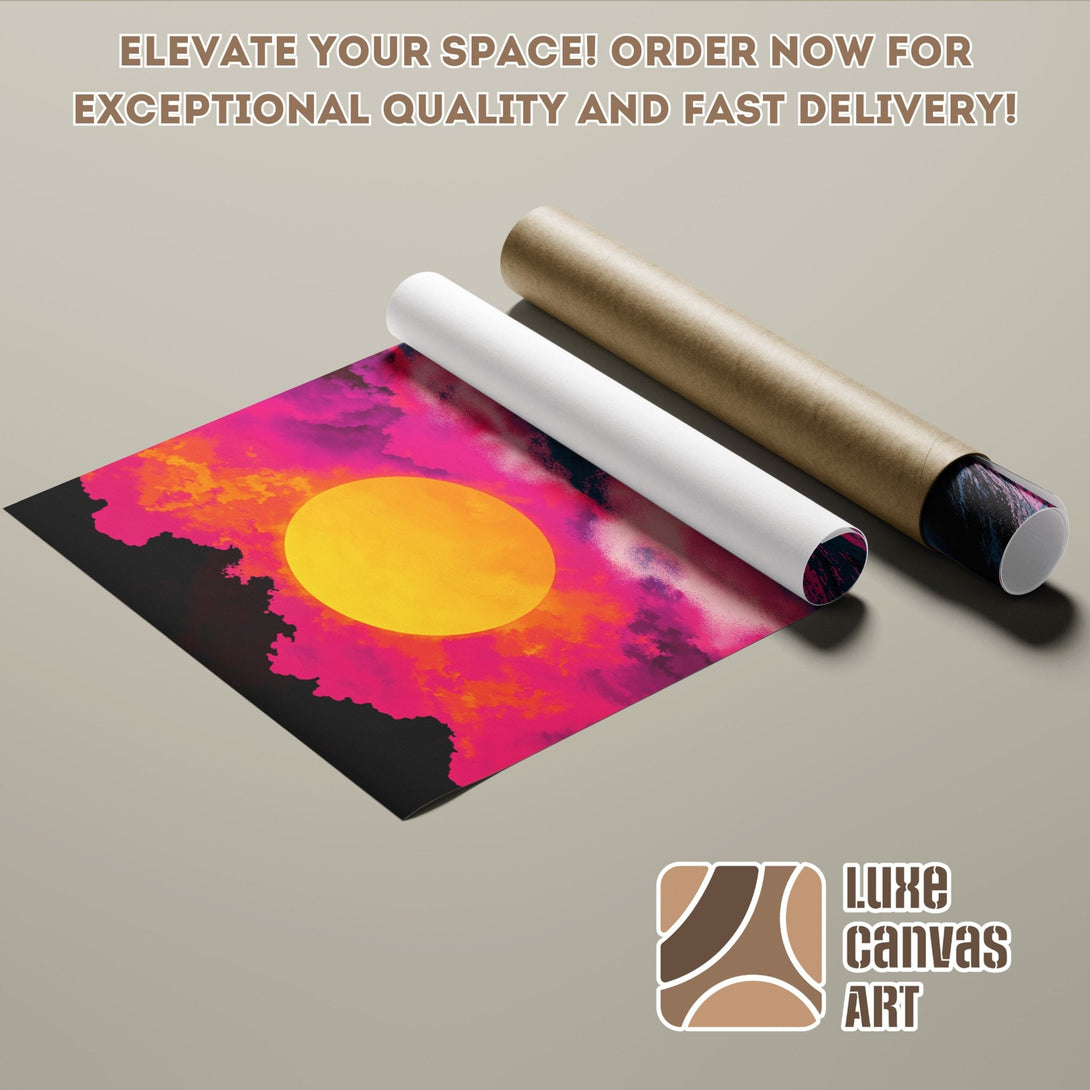 Poster Roll featuring a vibrant sunset art print in pink, orange, and yellow color palette. Elevate your space!
