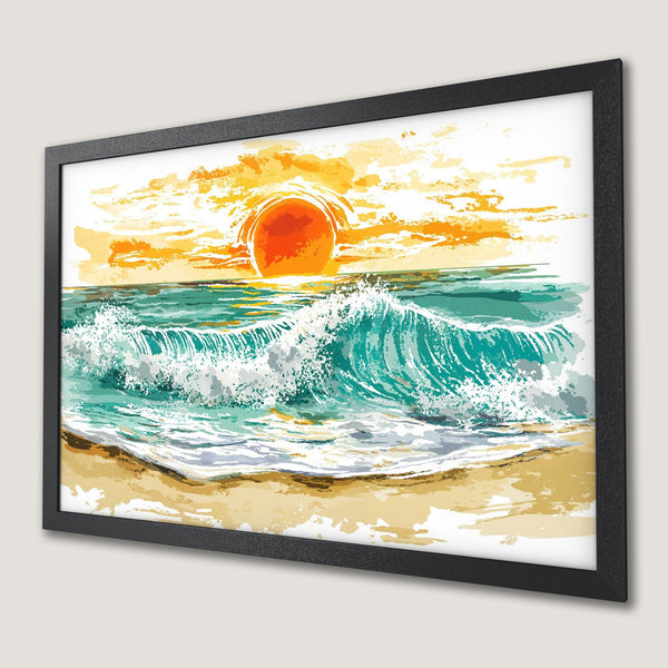Framed Poster of a watercolor sunset over ocean waves. Featuring a vibrant orange, teal, and yellow color palette.