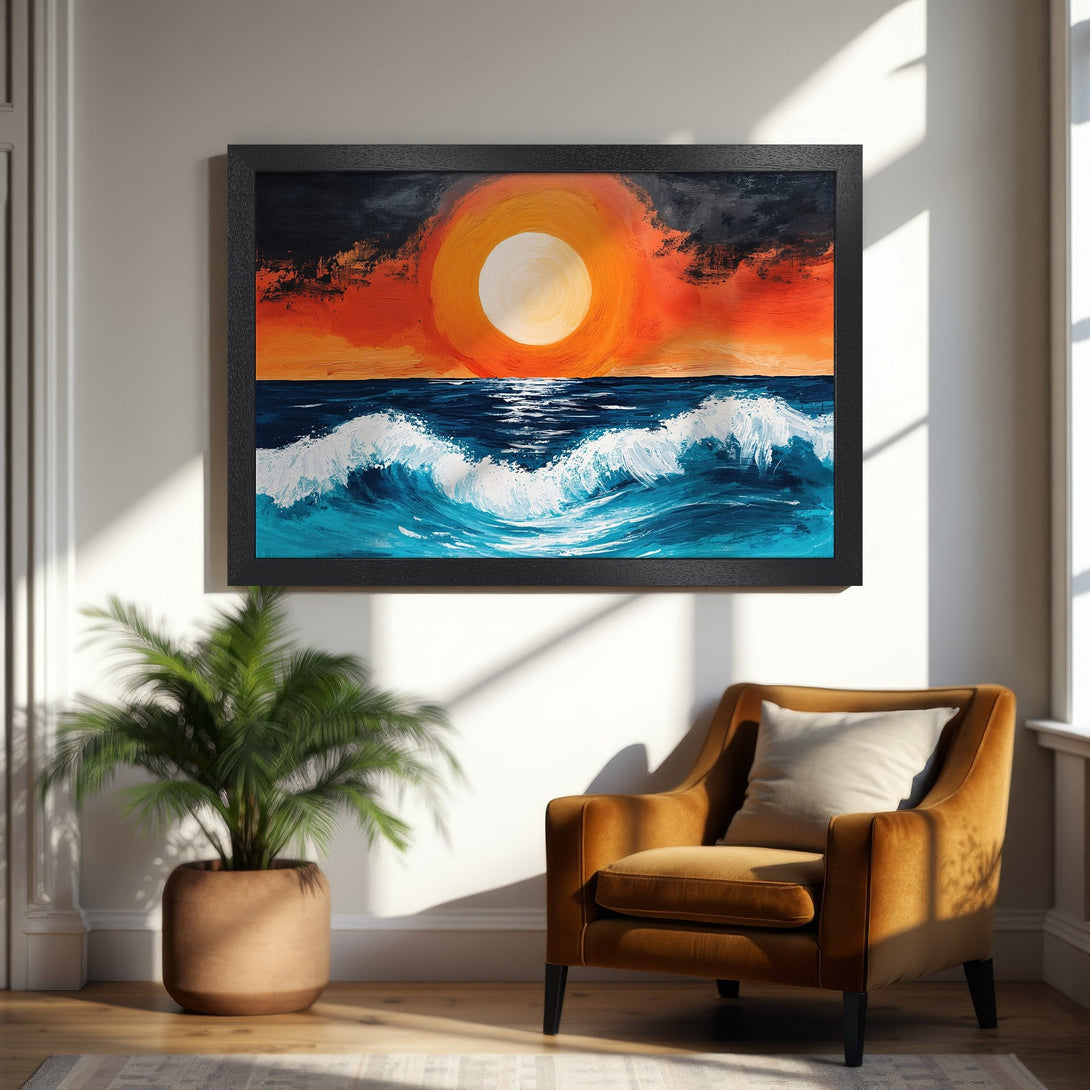 Framed Poster: Sunset over ocean art print. Bold brushstrokes, vibrant orange, blue, and white palette. Perfect wall decor for any space.
