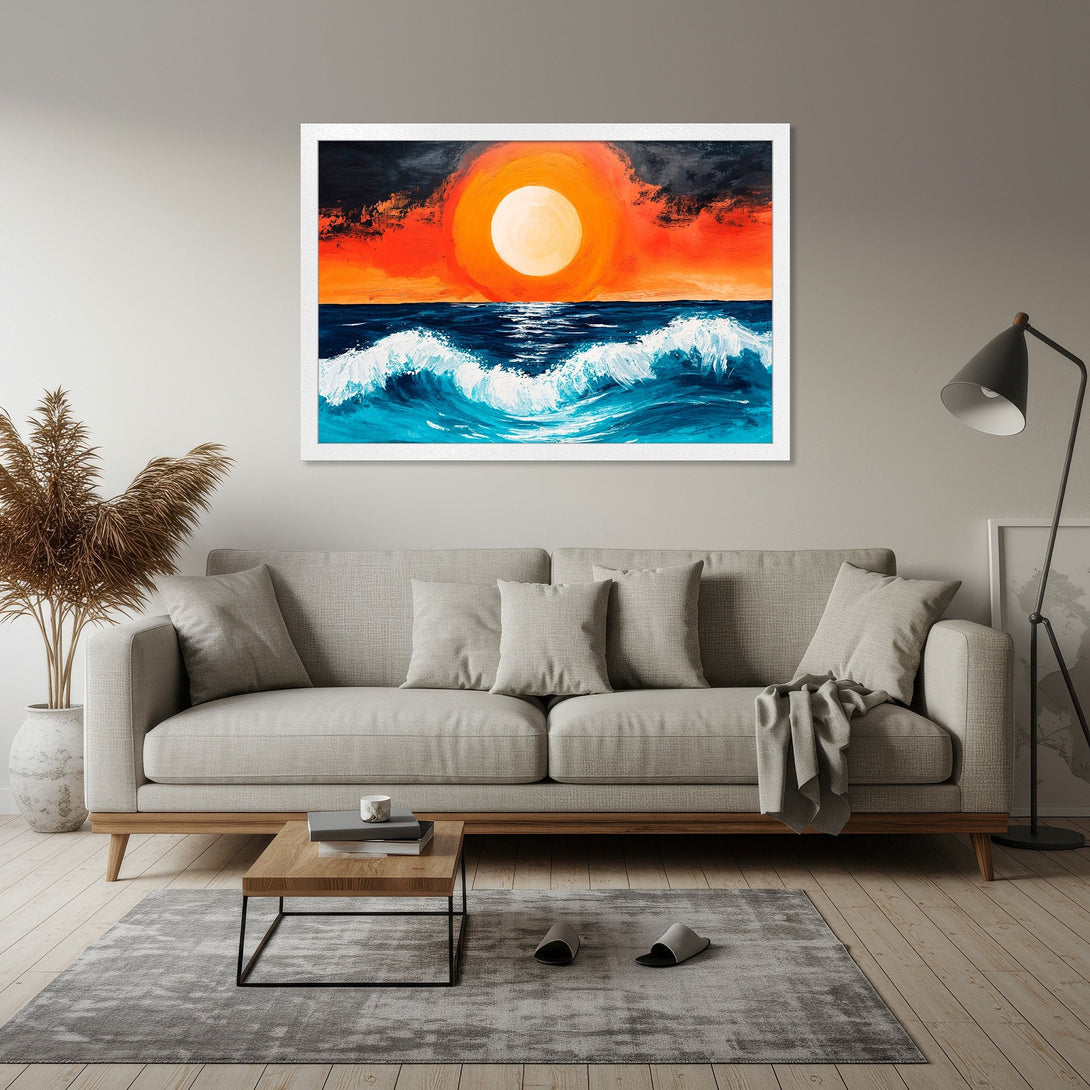 Framed Poster of a sunset over ocean waves, vibrant orange, blue and white abstract art, perfect for home decor.