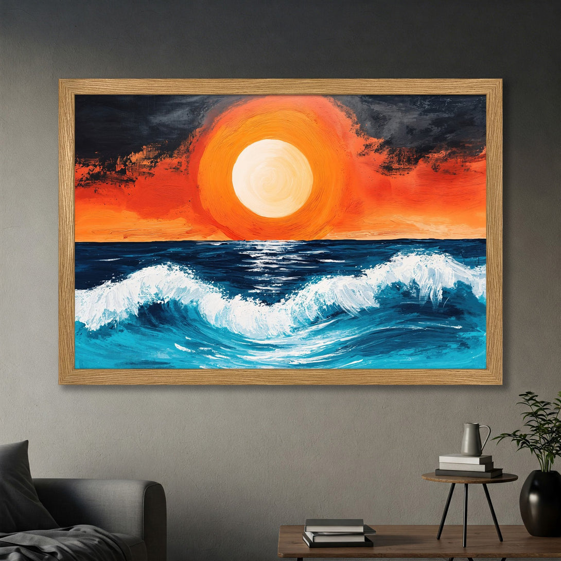 Framed Poster: Abstract sunset over ocean waves art in vibrant orange, blue, and white. Perfect wall decor for coastal vibes.