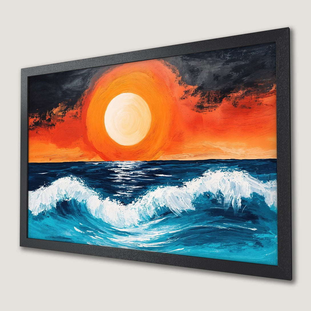 Framed Poster of sunset over ocean waves, vibrant orange, blue, and black palette, impressionistic style.