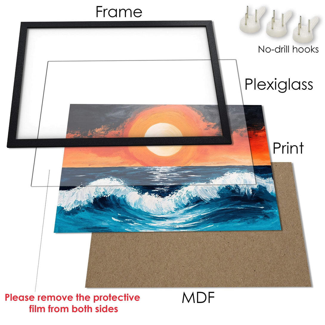 Framed Poster of a sunset over the ocean, in an impressionistic style with a warm orange and blue color palette.