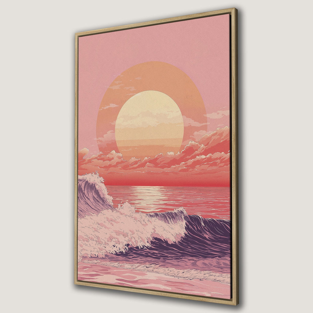Framed Wall Art: Sunset over ocean waves, retro style. Pink, orange, and purple color palette. Perfect for coastal decor and adding a touch of serenity.