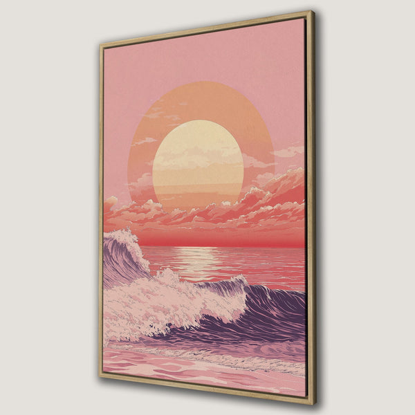 Framed Wall Art: Sunset over ocean waves, retro style. Pink, orange, and purple color palette. Perfect for coastal decor and adding a touch of serenity.