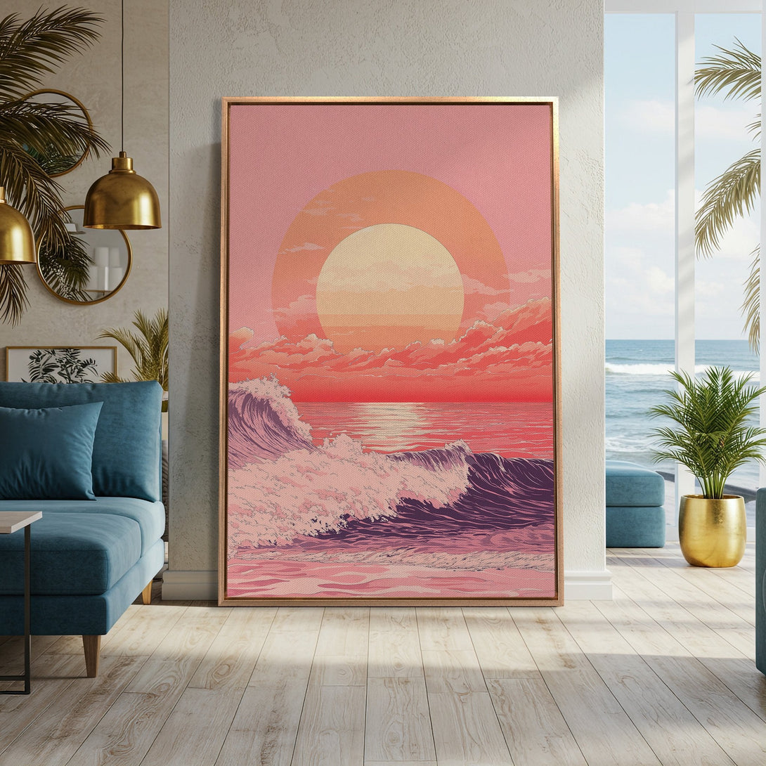 Framed Wall Art: Coastal sunset canvas print in a warm pink and orange palette. Perfect for adding a touch of zen to your home decor.