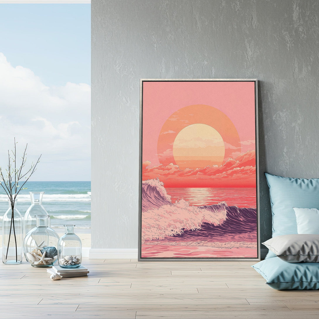 Framed Wall Art: Coastal sunset canvas print in a retro style with a vibrant pink and orange color palette, perfect for beach house decor.