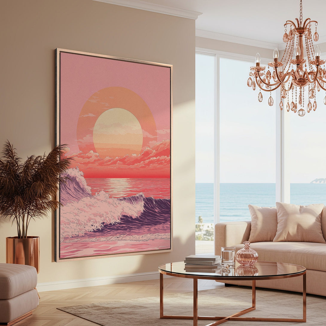 Framed Wall Art: Coastal sunset scene in pink and orange hues. Modern, minimalist style Canvas Print adds a touch of serenity to any living space.