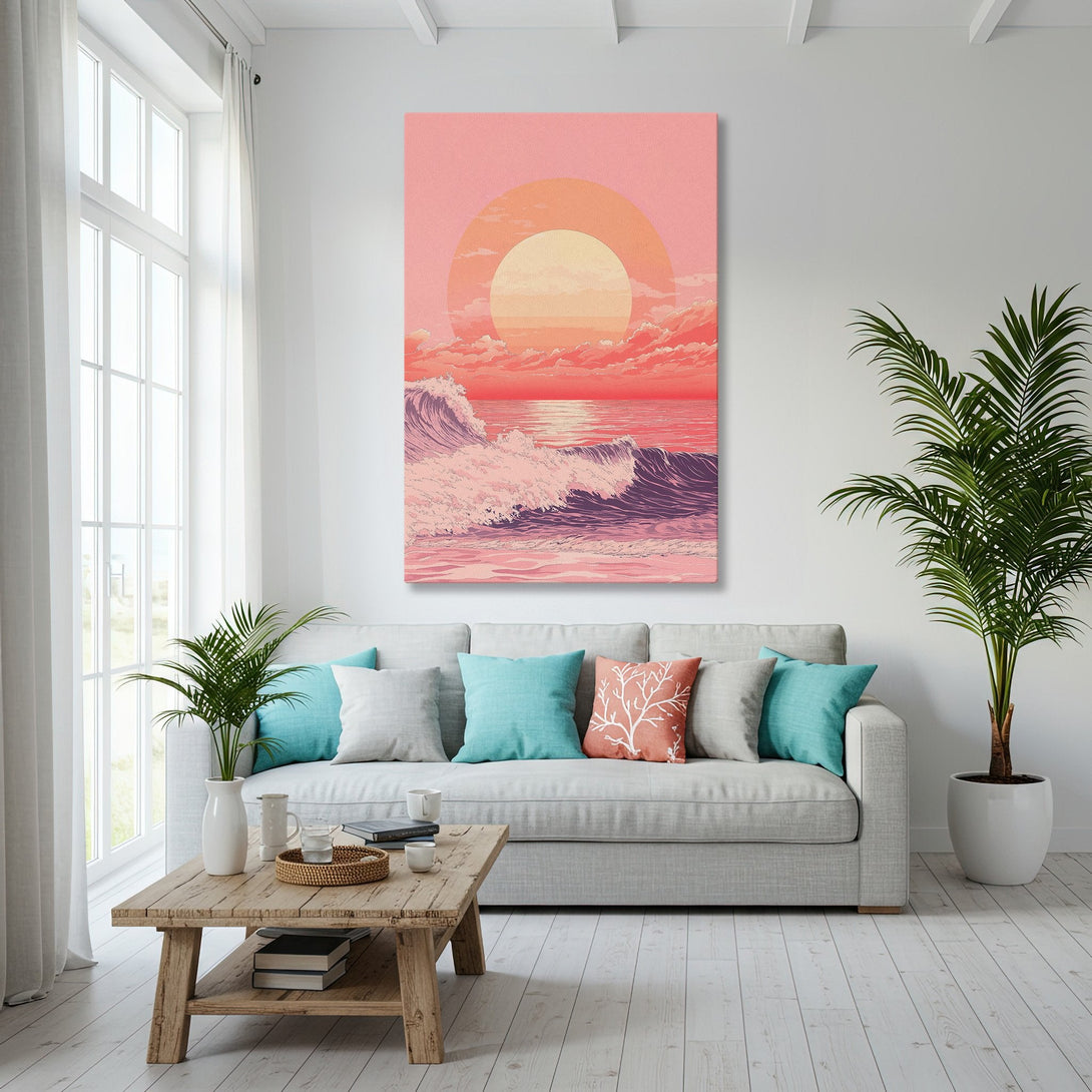 Framed Wall Art: Coastal sunset canvas print in a modern living room. Features a pink and orange color palette and a serene ocean scene.