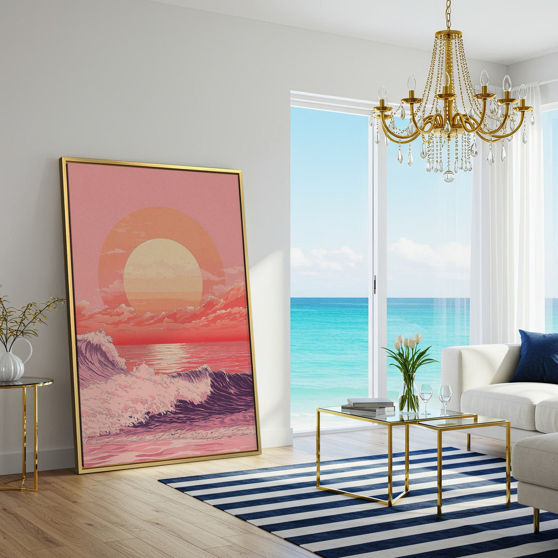 Canvas Print of a sunset over ocean waves in a retro style, featuring a pink and orange color palette, perfect for adding a coastal vibe.