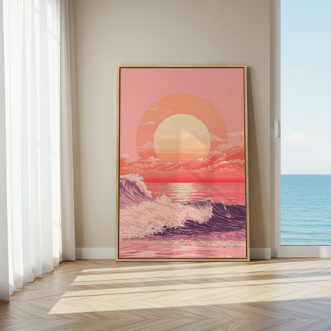 Framed Wall Art: Retro sunset over ocean waves in pink and orange. Coastal decor for a calming aesthetic. Enhance your space with this vibrant canvas print.
