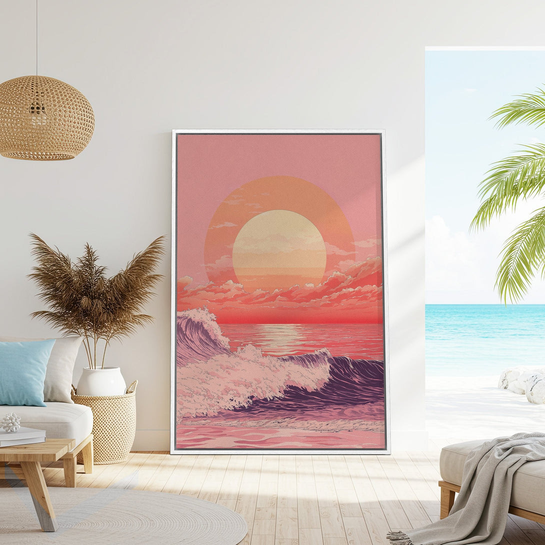 Framed Wall Art: Coastal sunset scene in pink and orange hues. Perfect for adding a calming, retro vibe to your home decor. Canvas Print for sale!