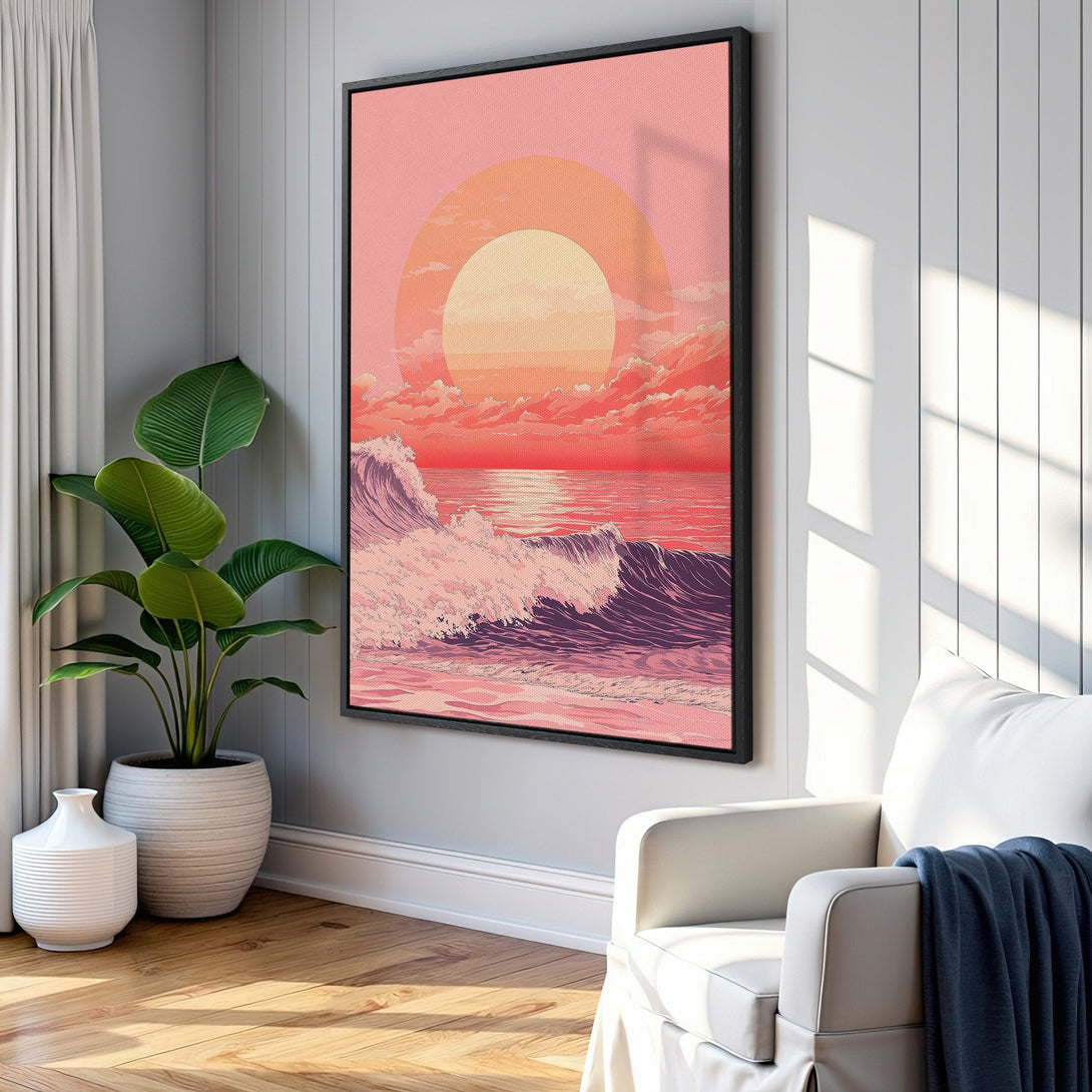 Framed Wall Art: Sunset ocean waves in pink and orange hues, adding a calming aesthetic to any space. Perfect for coastal decor!