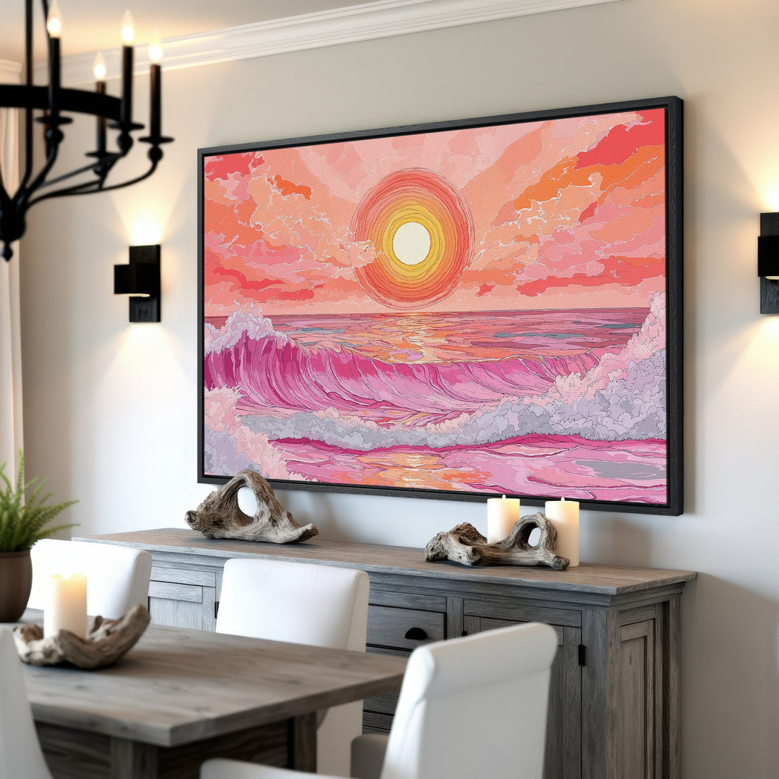 Framed Wall Art featuring a vibrant sunset over ocean waves, in a pink and orange color palette. Perfect coastal decor for your home!